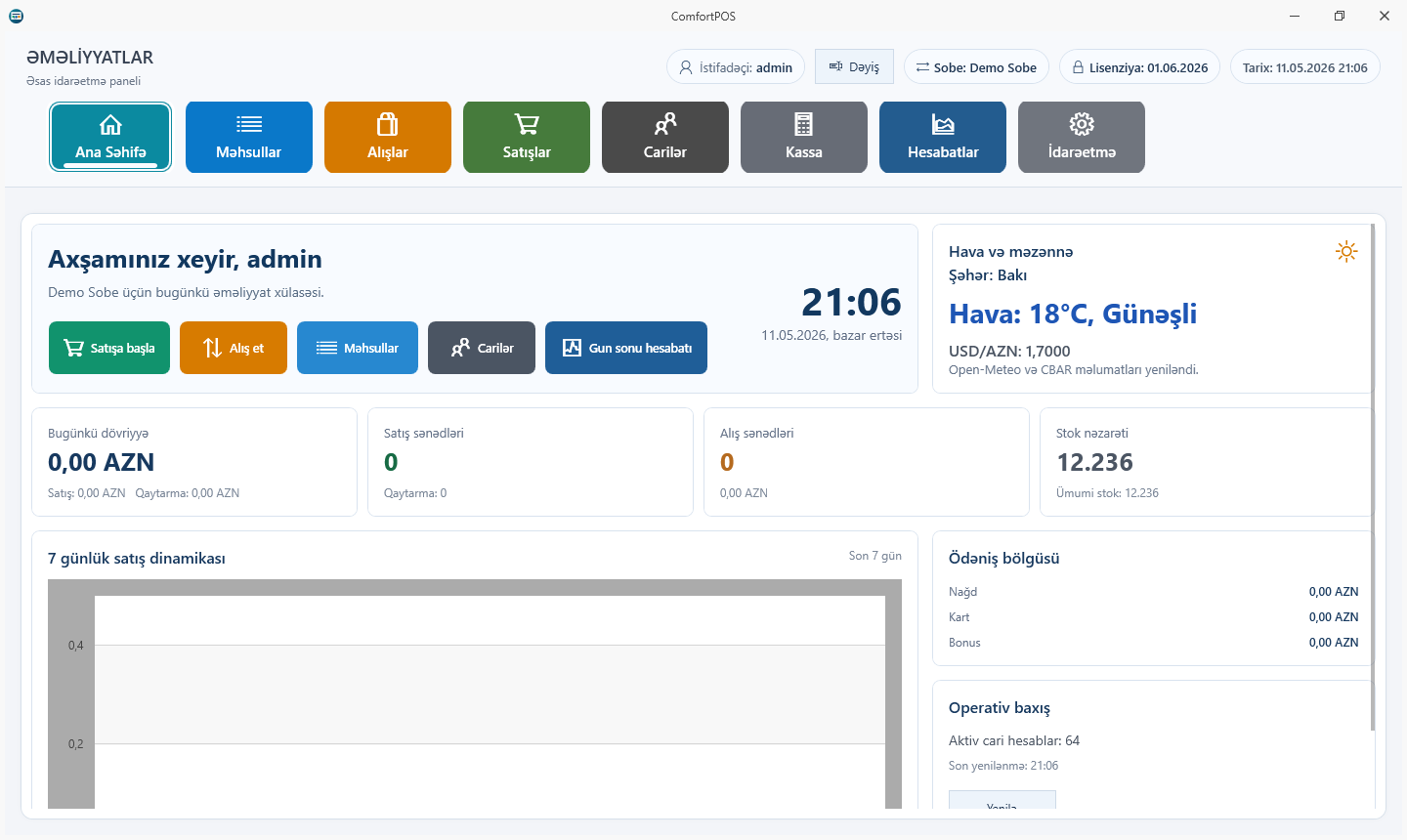 ComfortPOS V6 idarə paneli və hesabat ekranı